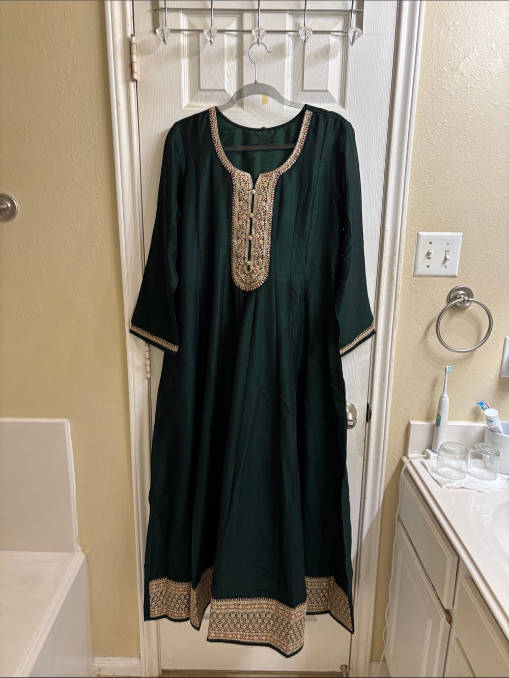 Women's Emerald Green Maxi Dress with Gold Embroidered Trim